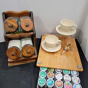 Lot #51-Vintage Merchant Glass Canisters, K-Cup Storage and Cupboard Filled of K-Cups,Coffee and Tea