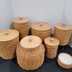 Lot #52- Vintage Longaberger Handmade Basket Canisters and Matching Coasters