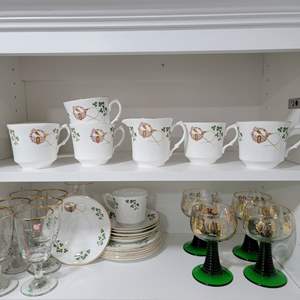 Lot #60-Arklow Bone China Teacups and Saucers, Vintage Irish Drinking Glasses and Set of 1940’s German Wine Glasses 