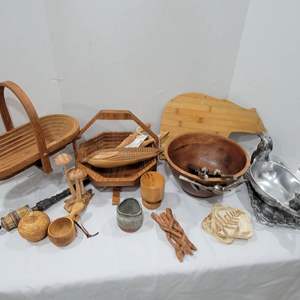 Lot #63-Vintage Collapsable Baskets, Wood KnickKnacks, Mango Wood Bowl with Serving Utensils, Silver Colored Nut Bowl and More