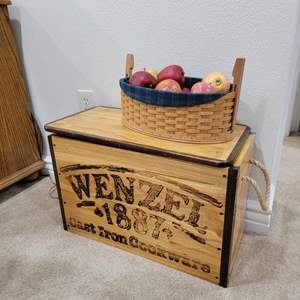 Lot #67- Vintage Basket of Apples, Wenzel Wood Trunk with Contents Included