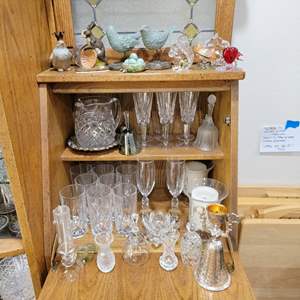 Lot #74- Waterford Crystal Lot; Champagne Flutes, Candle Holders, Goblets and Pitcher with Collectable Knickknacks