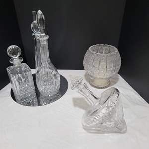 Lot #82-Vintage Crystal Diamond Decanter, Crystal Decanter Trio, & Bohemian Crystal Ball Vase