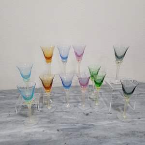 Lot #83- RARE Set of (12) Handblown Multi Color Butterfly Drinking Glasses W/24KT Gold Leaf Stems