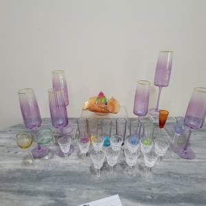 Lot #84- (4) Handblown Long Stem Cordial Liqueur Glasses, Shot Glasses, (6) Flutes, & More