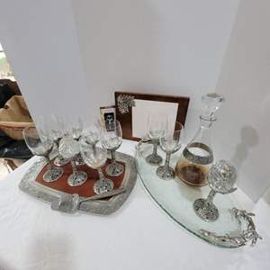 Lot #86- (8) Arthur Court Pewter Goblets, AC Pewter Tray & Matching Decanter, Glass Tray, & More