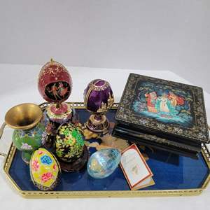 Lot #88- Russian Jewelry Box W/Cert., Faberge Egg, Wooden Tray, Nutcracker Musical Egg, & More