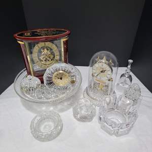 Lot #89- S Kelton Clock, Lead Crystal Table Clock, Danbury Crystal Clock, & Collectible Crystal Pieces