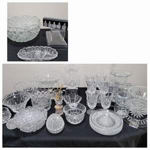 Lot #94- Waterford Crystal Goblets & Plates, Sweden Decanter, Punch Bowl, & More