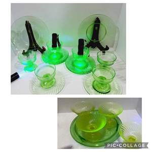 Lot #95- Vintage Uranium Glass Lot: Dessert Cups/Saucers, & Plates 