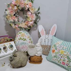 Lot #102- Easter Pillows, Wreath, Bunny Pot, Large Stone Like Bunny, Happy Easter Sign, & Bradford Exchange Ornaments