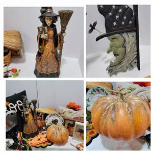 Lot #105- Halloween & Fall Decor: Witches Broom, Dish Towels, Faux Flowers, Decorative Pumpkins, & More