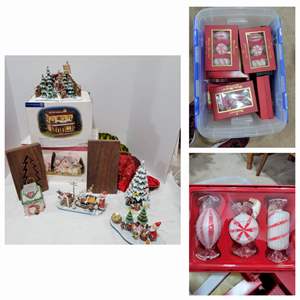 Lot #109- Dept 56 Hearts & Bloom Cottage & Mcguire’s Irish Pub, Kathe Wolfhart Nativity, & Waterford Christmas Ornaments 