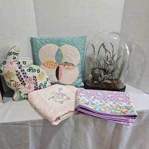 Lot #152- Easter Decor: Quilts, Decor Pillows, Bunny Terrarium, & Child Blanket