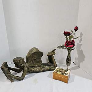 Lot #153- Resin Fairy Reading a Book, Bud Vase, & Vintage Music Box