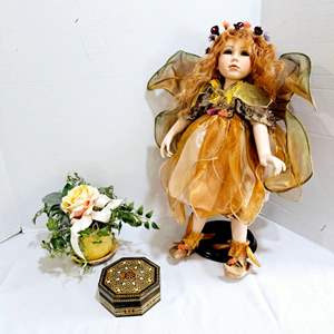 Lot #158- Floral Tall Fairy Doll, Small Trinket Box, & Decorative Small Floral Arrangement 