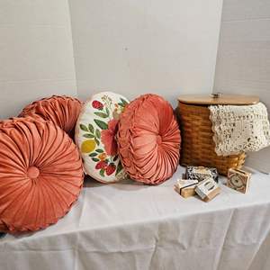 Lot #162-(3) Peach Decor Pillows, (1) Floral Decor Pillow, Wicker Storage Box, & Decor Bathroom Soaps