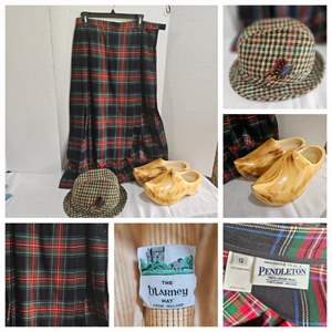 Lot #177- Vintage Fedora By Blarney From Ireland, Pendleton Kilt, & Wooden Dutch Clogs