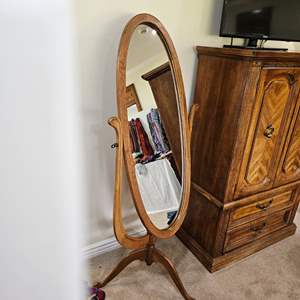 Lot #180- Vintage Wooden Oval Standing Swivel Mirror 