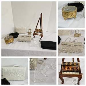 Lot #182- Vintage Clutches, Glass Bottles , Trinket Box, & Post Card