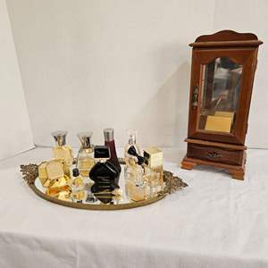 Lot #188- Woman’s Perfume: Vera Wang, Lady Million, Louis Feraud,& More, Plus Ornate Table Mirror, & Jewelry Box