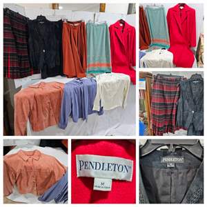 Lot #198- Woman’s Pendleton Clothing Lot: Med/large: Red Wool Coat, Suede Skirt W/Matching Vest, Leather Jacket/Shirt, Skirts