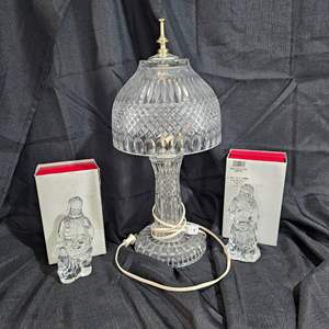 Lot #208- Glass Table Lamp & Christmas Santa Figurines