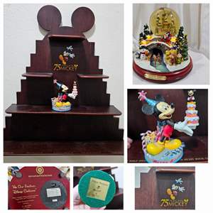 Lot #227- Large Mickey & Friends Snow Globe, 75 Years W/Mickey Wall Hanging Wood Display, & Happy Birthday Figurine 