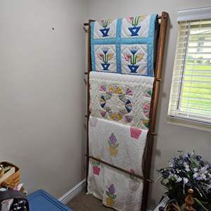 Lot #237- (3) Gorgeous Handmade Quilts/Throws, (1) Wooden Wall Blanket Holder