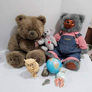 Lot #239- Bears, Ornaments, Wood Owl, Pet Rocks, & Globe in Water