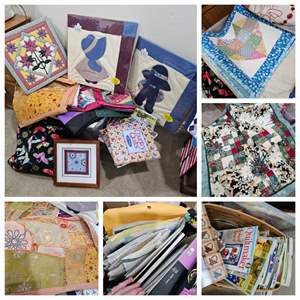 Lot #248- Tote & Basket Full of Quilting Material, Books, A Finished Quilt, & More