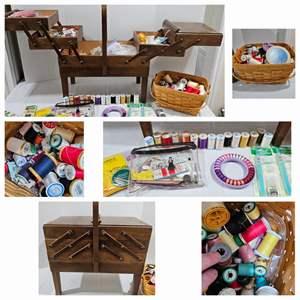 Lot #249- Vintage Expandable Sewing Box & Basket Full of Sewing Items, And Lots of Thread