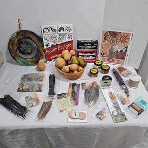 Lot #262- Native American Art Supplies: Gourds, Feathers, Wall Art, Books, & More