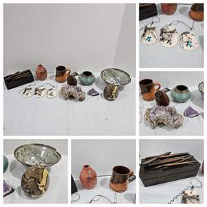 Lot #264- Native Art Bowls, Vases, Cups, Ornaments, Amethyst Rocks/Stone, & More