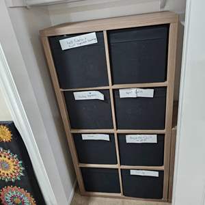 Lot #269- (8) Hole Cubby Storage Cabinet W/Black Storage Cloth Boxes