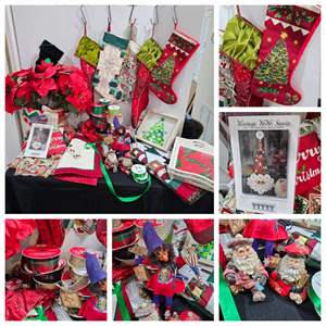 Lot #274- Christmas Lot: Stockings, Ribbon, Poinsettias, Quilt, Bags, Small Button Picture, & More