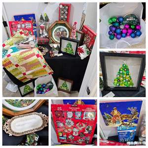 Lot #275- Christmas Decorations: Quilt, Ornaments, Small Button Picture, Gift Tags, Lights, & More