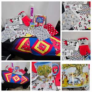 Lot #276- Mickey & Minnie Mouse Fabric/Material, Table Runner, Hand Towels, Cup, Hot Pad, & More