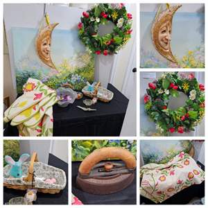 Lot #291- Vintage Quilt, Depression Glass, Iron, Wreath, Floral Painting, & More