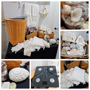 Lot #294- Bathroom Decor: Storage Baskets, Decor Soaps, Laced Towels, Hamper, Scale, & Shells