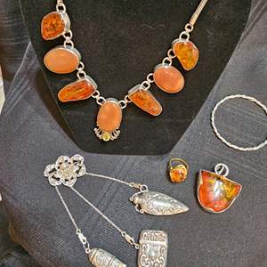 Lot #306 - Sterling Amber /Agate Necklace, 925 Pin and plate Jewelry