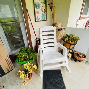 Lot #321- Rocker/Chair Mini Wheel Barrel W/Plants, (3) Potted Plants, Gardening Attire, Gardening Tools, Picture, & More