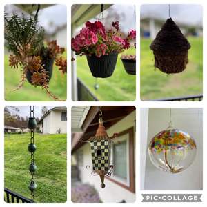 Lot #326- Hanging Succulents, Birdhouse, Blown Glass Piece, Flowers