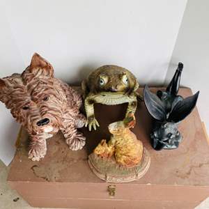 Lot #333- Yard Decor Figurines: Resin Dog, Cast Iron Rabbit, Metal Tinker Bell, Rubber Frog