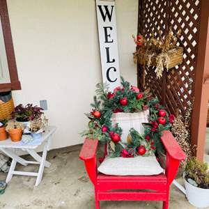 Lot #343- Large Welcome Sign, Red Sturdy Plastic Chair, & (4) Potted Plants